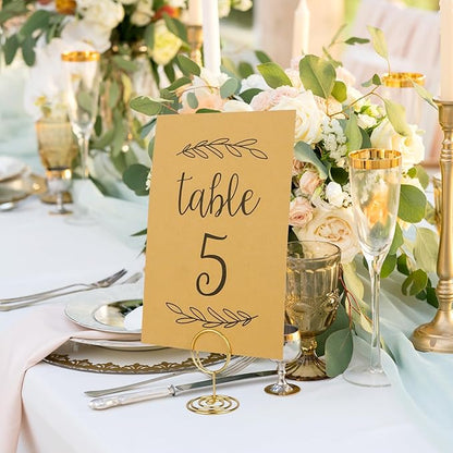 Wedding Table Numbers 1-25, 25 Karft Cards with 25 Gold Holders, 1 Set of 25 Table Numbers for Wedding Reception, Birthday Party (Card and Holder)