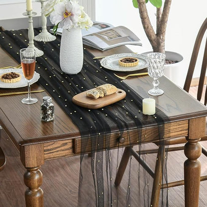 Artoid Mode 6PCS Pearl Black Gauze Table Runner 120 Inch 10FT, Seasonal Sheer Dining Holiday Wedding Birthday Baby Shower Table Decor for Home Party