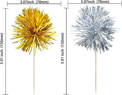 Ephlyn 30Pcs Foil Firework Cupcake Toppers Party Birthday Cake Toppers Supplies Sparkle Tinsel Cocktail Fruit Toothpick for Birthday Wedding Graduation Party Supplies Gold Silver