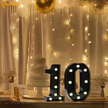 Pooqla Decorative Led Light Up Number Letters, Black Plastic Marquee Number Lights Sign for 10th Birthday Party Wedding Decor Battery Operated Black Decoration 10