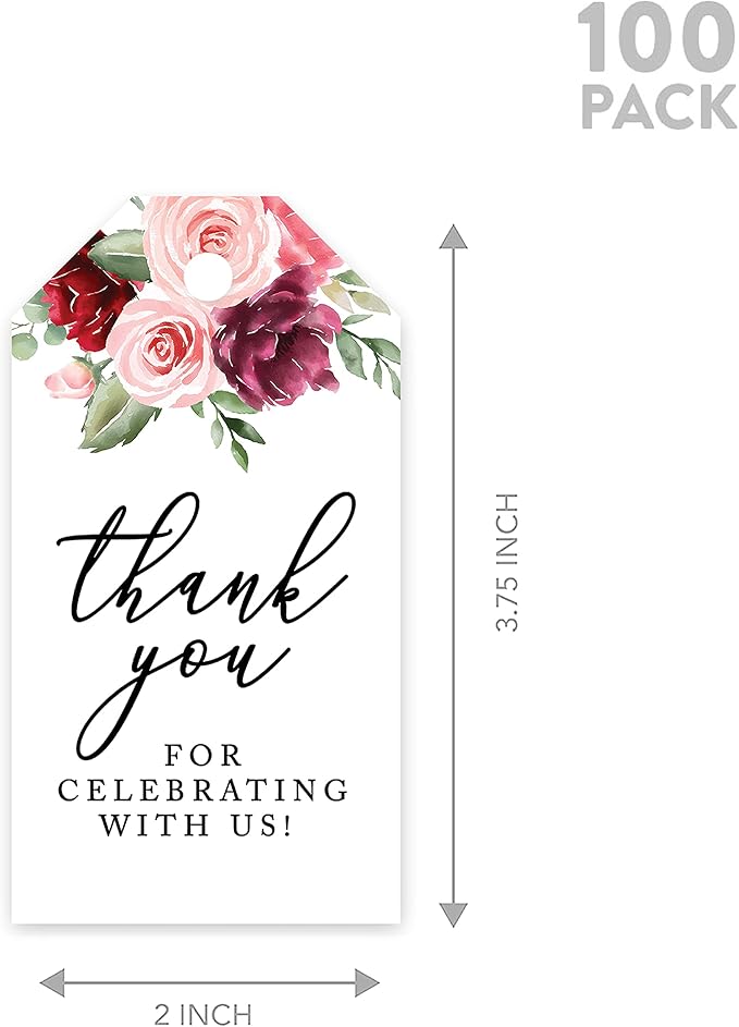 Andaz Press 100-Pack Thank You for Celebrating with Us Favor Tags Pink Burgundy Florals Cardstock Gift Tags with Bakers Twine for Wedding Baby Shower Bridal Shower Party Favors 2 x 3.75-Inches