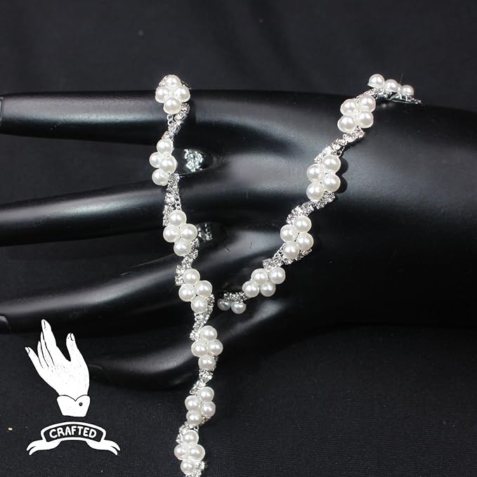 PEARLY JUN 1 Yard Pearl Rhinestone Trim Chain Silver Crystal Fringe Diamond Applique Ribbon String Tassel Strip for Sewing Wedding Dress Crafting Crafts Flower Embellishments