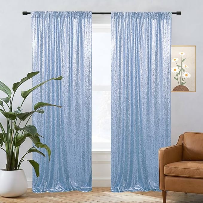 Eternal Beauty Sequin Backdrop Curtains, 2x8 Ft-2 Panels Baby Blue Back Drop for Shimmer Photography Party Wedding Birthday Decor