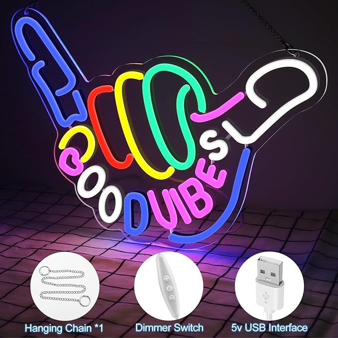 Good Vibes Only Neon Sign for Wall Decor, Niubility Good Vibes Neon Sign, Colorful Light-Up LED Sign, Dimmable USB-Powered Sign with ON/OFF Switch for Bedroom, Nursery, Club, Bar, and Party Decor
