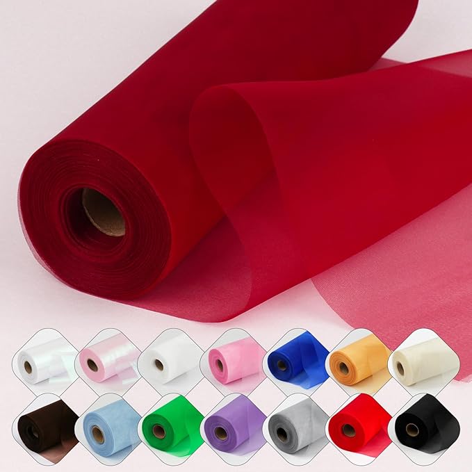 Crystal Organza Fabric Tulle 11 Inch by 50 Yards Sheer Tulle Rolls for DIY Craft Wedding Party Baby Shower Decor Gift Wrapping Party Supplies (Wine)