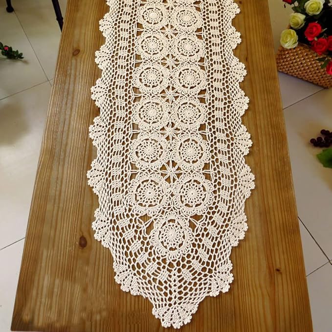 Cotton Handmade Crochet lace Table Runners Oval Tablecloth Doilies Doily Table Dresser Scarf Décor,15x27 inch,Beige