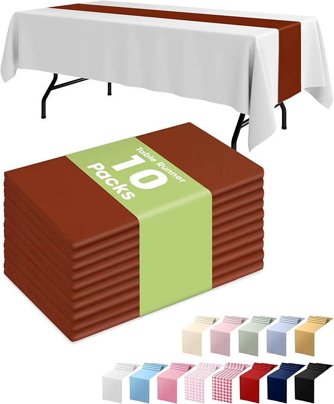 Pureegg Terracotta Plastic Table Runners - 10 Pack, 14'' x 108'', Water Resistant & Disposable Centerpiece Decorations for Table Cloth, Wedding, Birthday, Holiday, Baby Shower, Party, Home Decor