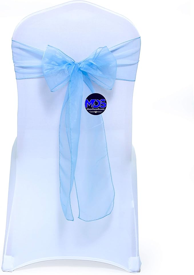 MDS Pack of 125 PCS Organza Chair Sashes Wider Dining Chair Bows Ribbon Tie Back for Wedding Party Birthday Bridal Shower Reception Event Banquet Home Chair Cover Decoration - Baby Blue