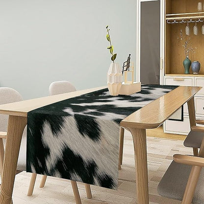 Cow Skin Print Table Runner, Rustic Country Farm Fur Skin Cowhide Pattern Western Style Black White Print Table Runner for Home Kitchen Dinning, 13x60 Inch