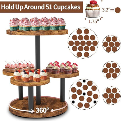 Cupcake Stand, Rotatable Cupcake Stand for 50 Cupcakes, Wood Cake Stand Cupcake Tower, Rustic Dessert Table Display Set Tiered Tray Stand, Round Serving Tray Cake Stands for Party Wedding Birthday