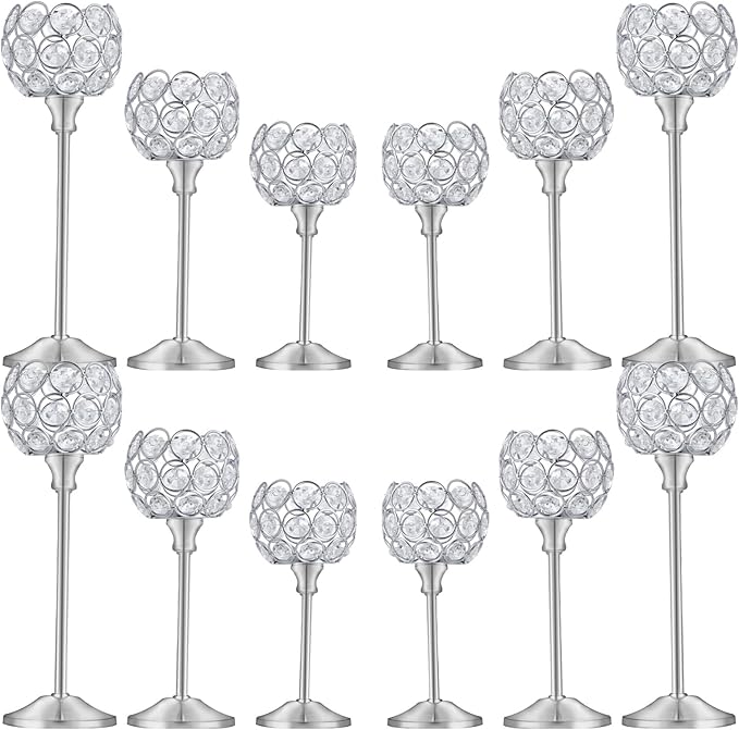 Crystal Candle Holders Set of 16 for Wedding Centerpieces Gold Or Silver Candle Holders Bulk Decorative Tealight Candle Holder for Wedding, Party,Table Centerpieces Decoration (Silver, 4Sets(12 Pcs))