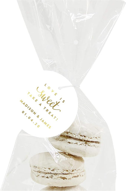 Andaz Press Personalized Round Circle Wedding Gift Tags, Metallic Gold Ink, Love is Sweet Take a Treat, 24-Pack, Custom Made Any Name, Not Gold Foil