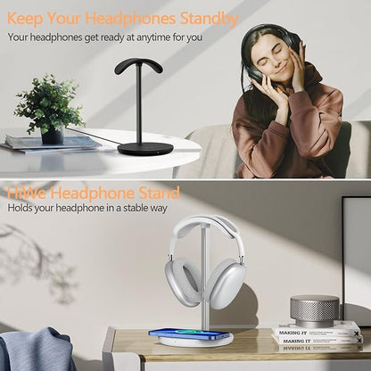 Headphone Stand with Wireless Charger, Gaming Headset Holder Hanger Rack 2 in 1 Wireless Charging Station Dock for iPhone 15/14/13/12/11 Series, AirPods Pro/3/2 and Desk All Headphones, White
