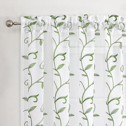 VISIONTEX Embroidered Green Sheer Voile Curtains, Leaves Embroidery Faux Linen Rod Pocket Window Drapes for Living Room and Girls Bedroom 54 x 63 Inch, Set of 2 Curtain Panels