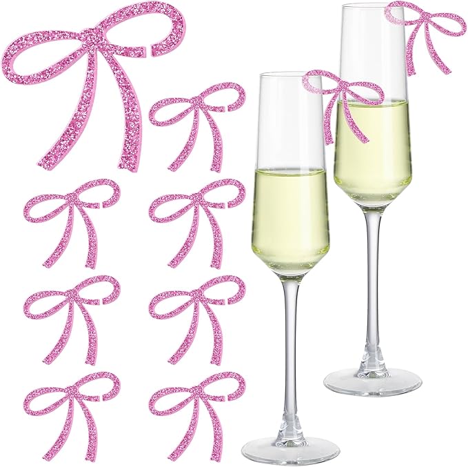50 Pcs Bows Drink Tags Coquette Bow Wine Glass Charms Acrylic Bowknot Drink Tag for Bachelorette Birthday Wedding Coquette Tasting Party Decor Accessory(Glittery Pink)