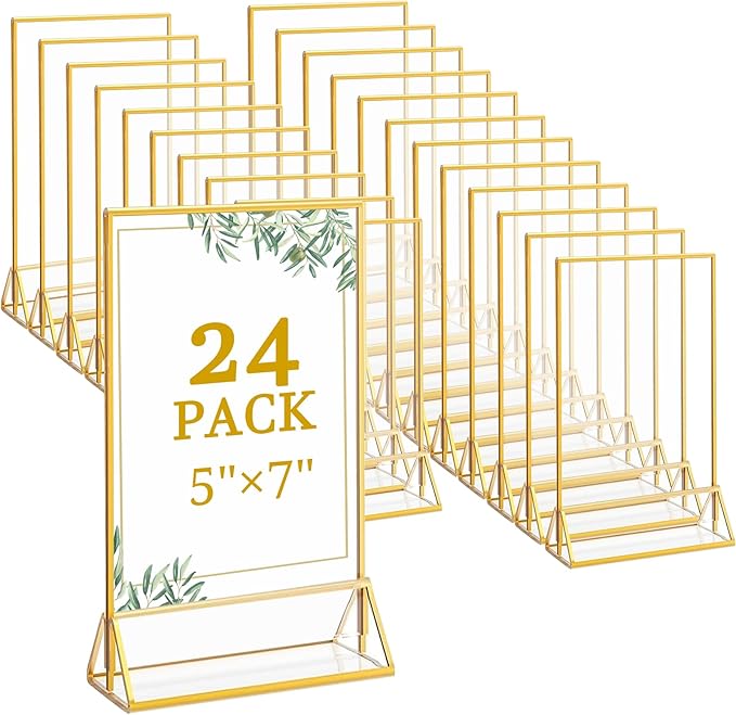 Floroom 24 Pack 5x7 Inch Clear Acrylic Sign Holders, Double-Sided Gold Display Stand Picture Frames for Table Numbers, Menus, Flyers, Weddings, and Offices