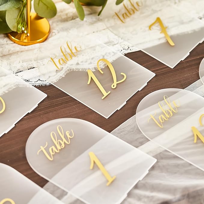 SHINVALE Arch Acrylic Wedding Table Numbers 1-15 with Gold Foil Font – Frosted Finish, Elegant Modern Design with Stands, Easy Assembly Table Signs for Weddings, Parties & Events