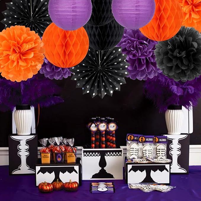 Black Orange Purple Halloween Party-Decorations - 14pcs Kits Paper Lanterns Fan,Tissue Flower Pom Poms Streamers,Honeycomb Balls,Graduation Birthday Wedding Baby Bridal Shower Decor Lasting Surprise