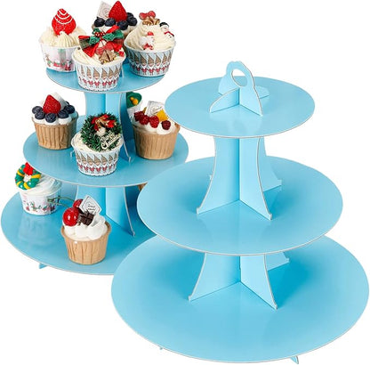 2Pcs 3-Tier Cupcake Stand, Cake Stand holder, Tiered DIY Cupcake Stand Tower for Dessert Table Displays, Birthday Theme Party Favors Decoration, Floral Tea Party, 12" W x 12.8" H, Light Blue