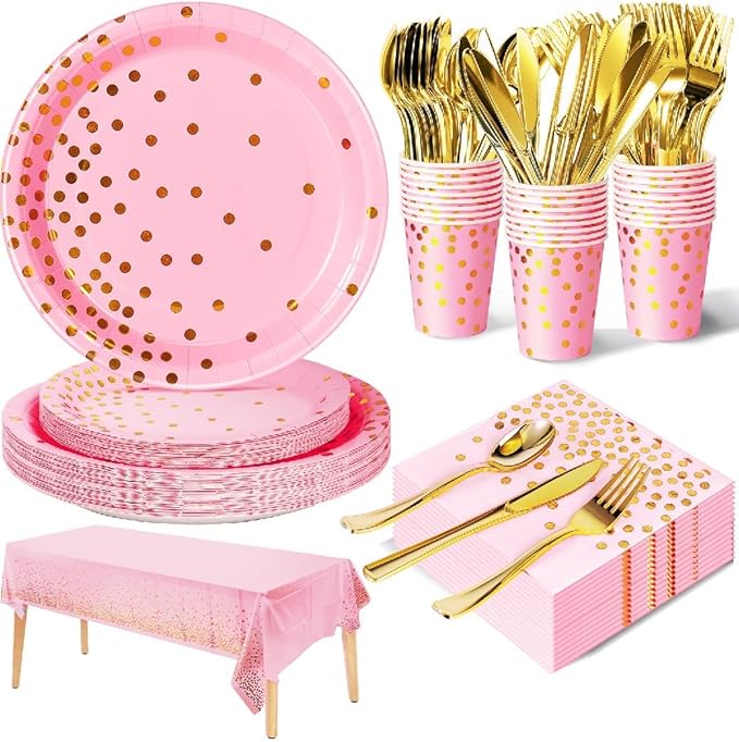141 Pieces Pink and Gold Party Supplies, Party Dinnerware Sets Include Paper Plates Napkins Cups Silverware, for Wedding Bridal Shower Engagement Birthday Parties Decoration -20 Serves