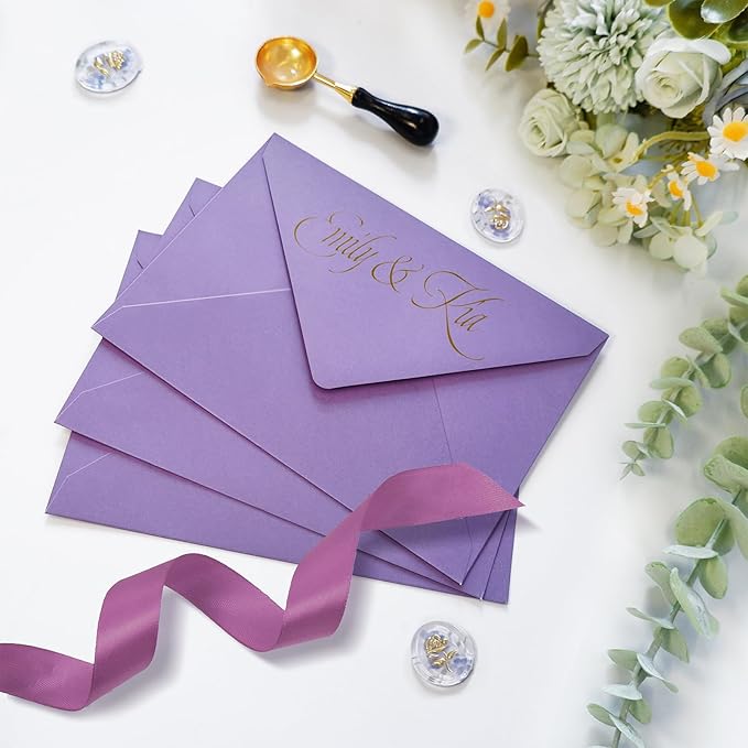 50 Pack 5x7 Envelopes Letter Size, Purple A7 Envelopes Self Seal for Wedding Invitation, Envelope 5.4x7.6 for Greeting Cards, Photos, Baby Shower, Graduation, Thank You Cards, Announcements