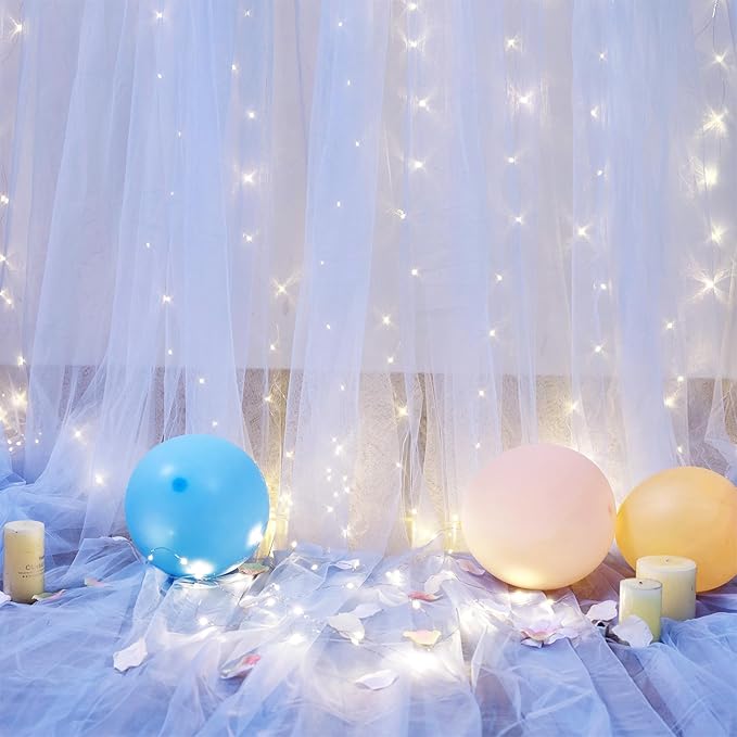 Baby Blue Backdrop Curtains with Lights String for Baby Shower Parties 2 Panels 5×10ft Sheer Tulle Backdrop Curtain Panels for Birthday Party Bridal Shower Photo Shoot Background Wall Decorations