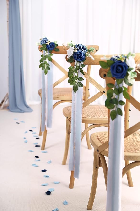 Wedding Aisle Decorations for Wedding Ceremony Set of 10 Pew Flowers for Church Chair Decorations Party Decor with Artificial Flowers Eucalyptus and Ribbons Blue