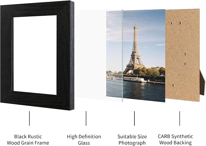 5x7 Picture Frame Set of 4, Black Wooden Frame with High Definition Glass, 5 x 7 Photo Frames for Tabletop Display and Wall Mounting