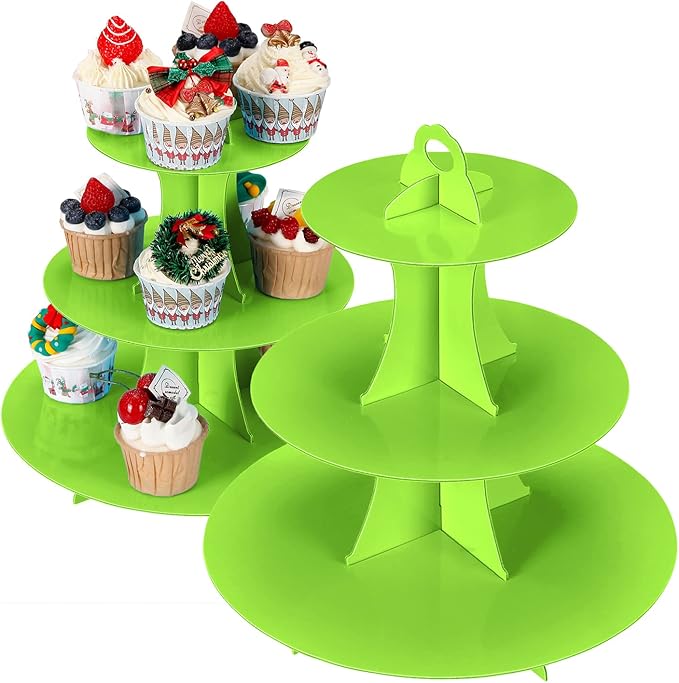 2Pcs 3-Tier Cupcake Stand, Cake Stand holder, Tiered DIY Cupcake Stand Tower for Dessert Table Displays, Birthday Theme Party Favors Decoration, Floral Tea Party, 12" W x 12.8" H, Green