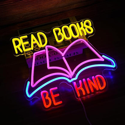 Read Books Be Kind Neon Sign Dimmable USB Powered Read Books Neon Light for Wall Decor Be Kind Led Light Sign Bright Books Light Up Sign for Classroom Reading Room Bookstore Library