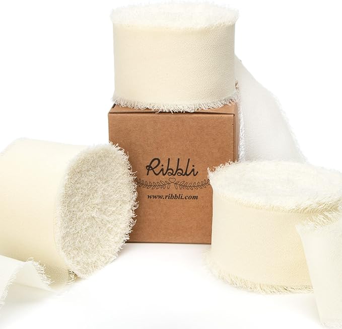 Ribbli Ivory Chiffon Ribbon 1-1/2 inch x 30 Yard Handmade Fringe Chiffon Ivory Silk Ribbon,Cream Ribbon for Wedding Invitations, Bridal Bouquets Wrapping, Flower Arrangement Decoration