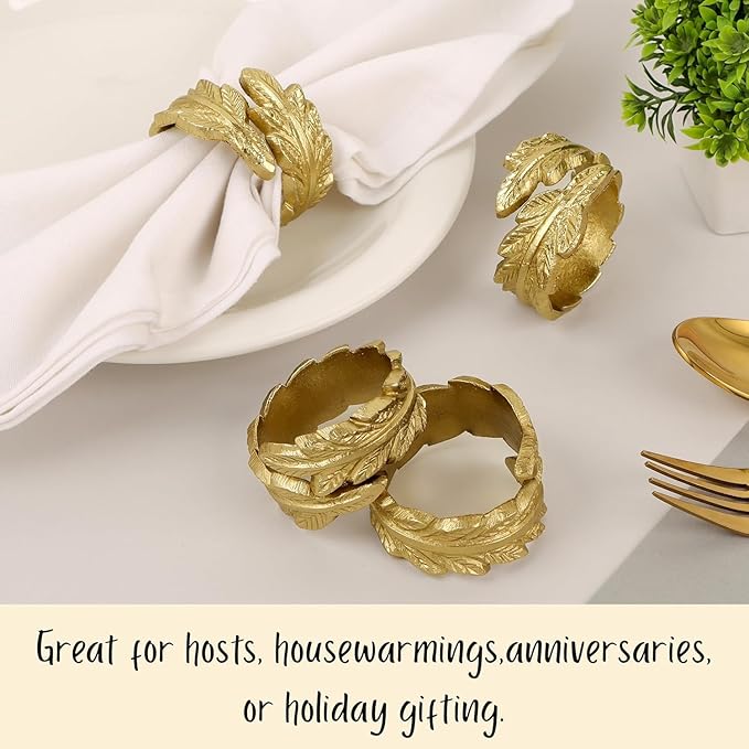 Gold Leaf Napkin Rings Set of 12 - Round Metal Napkin Holders for Dining Table Settings - Elegant Leaf Design for Weddings, Parties, Holiday Décor, Family Dinners & Special Occasions - CLEENTABLE