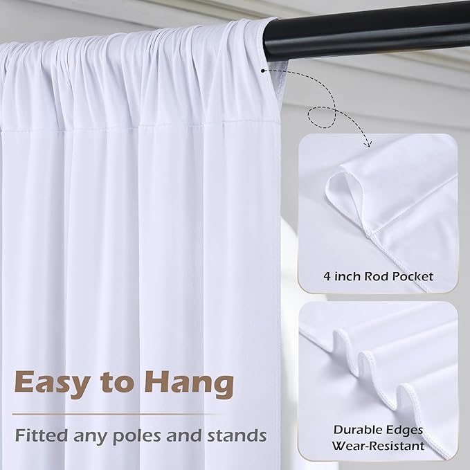 50ft x 15ft White Wrinkle Free Backdrop Curtains for Parties,Silky Polyester Fabric Wedding Ceiling Drapes, 10 Panels 15ft Photo Back Drop Drapes for Baby Shower Photography Stage Background Cloth