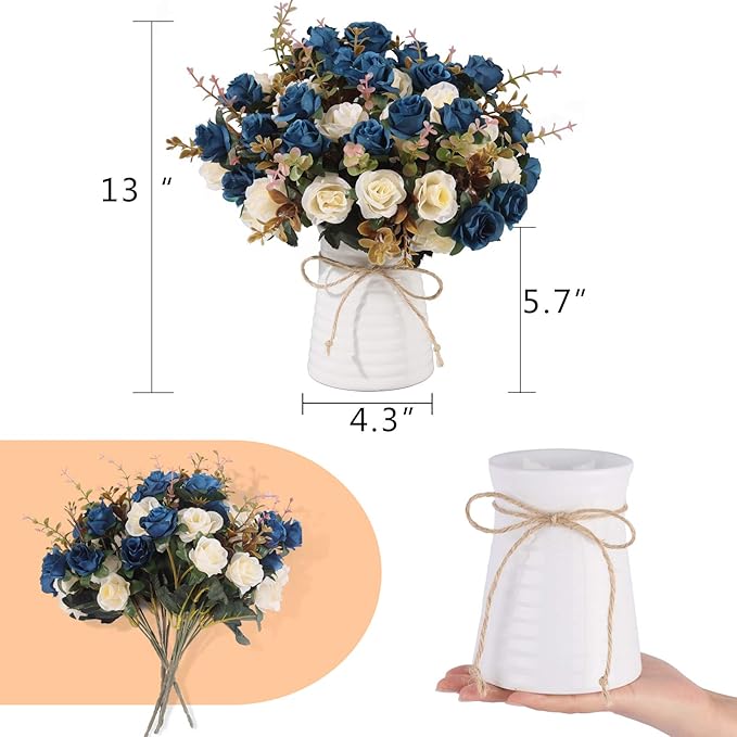 Lifelike Artificial Rose Bouquets and Ceramic vases, Fake Silk Roses, Suitable for Wedding, Dining Table, Office, Party and Home Decoration（Blue）