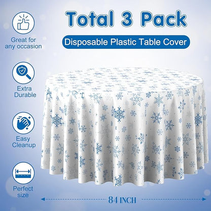 3 Pieces Christmas Snowflake Plastic Party Tablecloth Decorations,Disposable Blue Snowflake White Xmas Round Table Cover Backdrop for Winter Christmas Holiday Party Supplies,84 inch (Blue White)