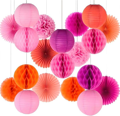 Paper Honeycomb Balls Decorations - 12 Pack Hanging Tissue Pom Poms for Weddings, Birthdays, Home Party Decor (Rose red Light Pink Orange)