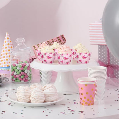 Whaline 36Pcs Watermelon Cupcake Wrappers Watercolor Pink Watermelon Cupcake Liners Decorative Cupcake Holders for Birthday Baby Shower Summer Dessert Decor