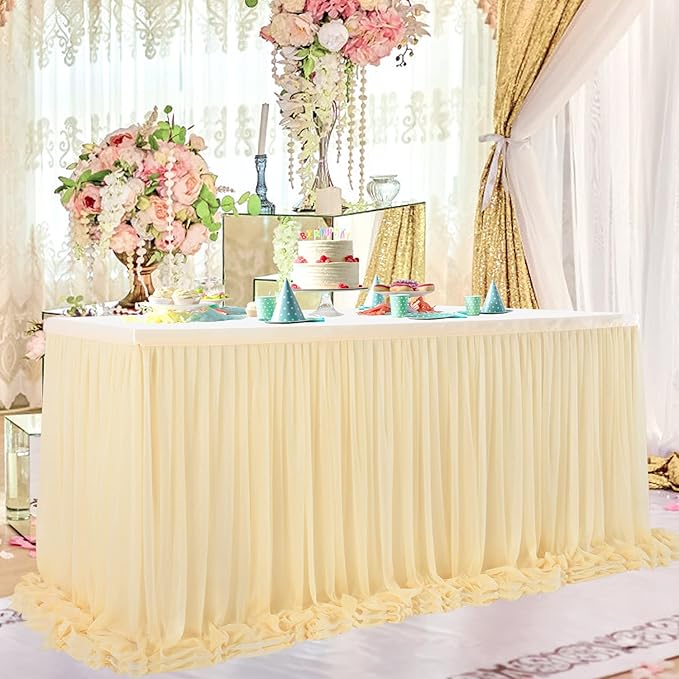 9ft Champagne Table Skirt for Weddings Table Cloth Elegant Tutu Table Skirt Cover for Birthday Party Baby Shower Dessert Buffet Banquet Decorations