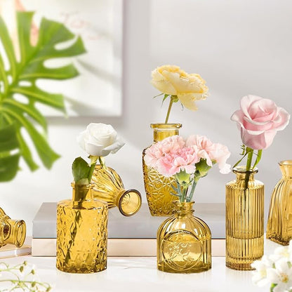 Amber Gold Glass Bud Vases Set of 24, Vintage Small Vases for Flowers, Clear Crystal Mini Style in Bulk, Small Flower Glass for Centerpieces Wedding Decorations Home Party Decor