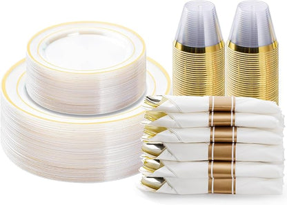 BESTVIP 175PCS Clear Gold Plastic Dinnerware Set, Disposable Party Plates for 25 Guests, Include: 50 Plastic Plates, 25 Pre Rolled Napkins with Silverware, 25 Cups for Christmas, Halloween