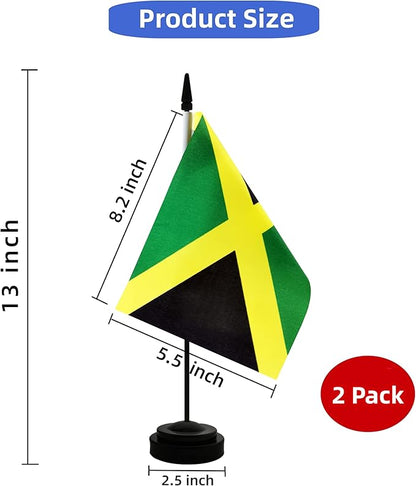 2 Pack Jamaica Desk Flag, Jamaican Table Office Flag with Solid Pole and Stand Base, International Country Flag, Festival Celebration, Classroom Meeting Desktop Decoration (Jamaica)