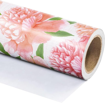 WRAPAHOLIC Floral Wrapping Paper Roll - Mini Roll - 17 Inch x 9.8 Feet - Peach Flower Wrapping Paper, Perfect for Girls Women Birthday, Wedding, Bridal Shower