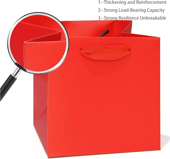 Red Paper Gift Bag Small Square Bottom Paper Bags With Handles (Red, 6 x 6 x 6 in, 10 Pcs)