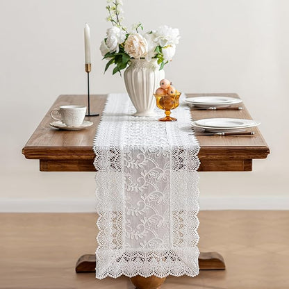 White Elegant Vintage Lace Table Runner,Wedding Lace Decor with Floral Embroidery,Tea Party Decor (White, 13.8X71 Inches)