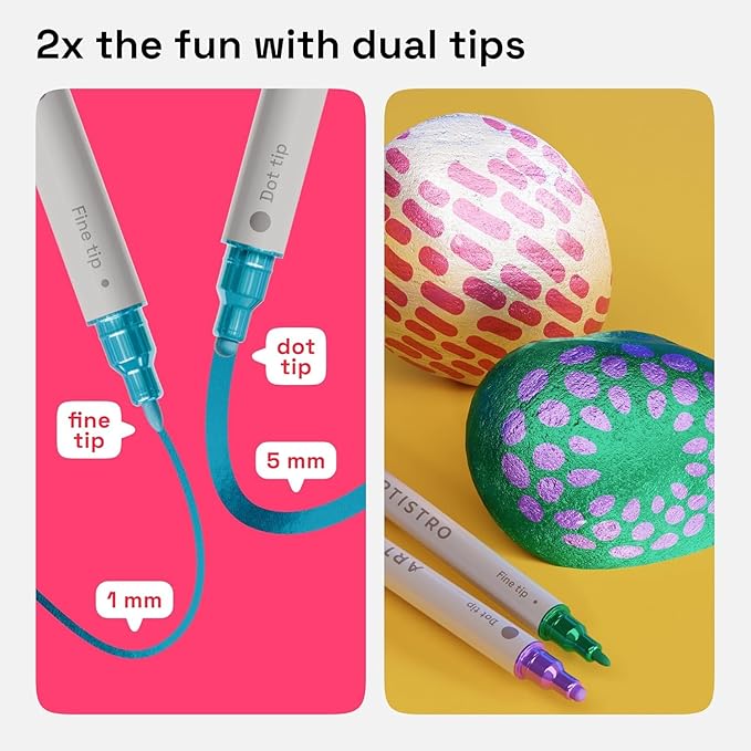 ARTISTRO 24 Metallic Dual-Tip Acrylic Paint Markers for Rock, Canvas, Glass, Wood, & More Fine + Dot Tips