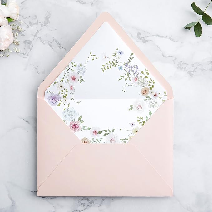 PONATIA 50PCS A7 Euro Flap Envelopes, 5.25 x 7.25'' Blush Pink Flowers Liner Envelopes for 5x7 Wedding Invitations, Photos, Postcards, Greeting Cards, Christmas Gift Cards, Acrylic Mailing