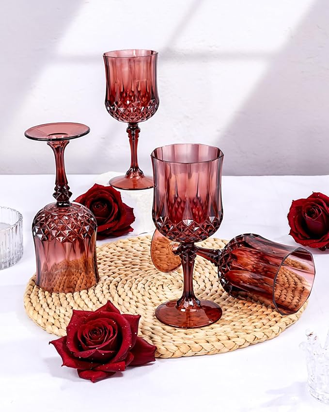 Ciaell 24PCS Burgundy Plastic Wine Glasses - 7 Oz Plastic Goblets for Party - Burgundy Vintage Drinking Glasses - Disposable Water Goblets Set for Wedding, Bar, Wine, Beer, Juice & Christmas