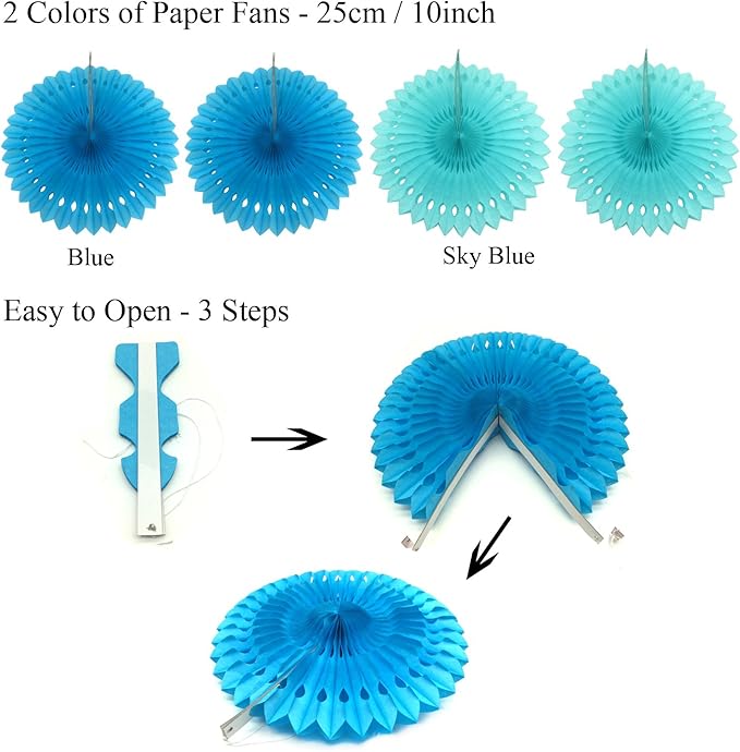 ZERODECO Party Decoration, 21 Pcs Blue Hanging Paper Fans, Pom Poms Flowers, Garlands String Polka Dot and Triangle Bunting Flags for Boy Birthday Parties, Bridal Showers, Baby Showers, Wedding