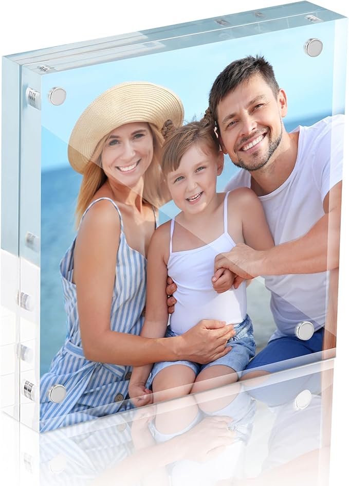 HOUSE DAY Acrylic Picture Frames 4x4, 1 Pack Magnetic 4 x 4 Picture Frame, Double Sided Clear 4x 4 Photo Frame with Microfiber Cloth, Frameless FreeStanding 4x4 Frame Gift for Desktop Display