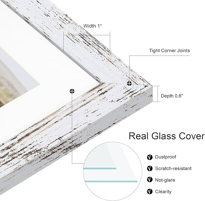 10x10 Picture Frame Set of 2, Real Glass and Distressed White Collage Frame, Display Pictures Four Opening 4x4 With Mat or 10 x 10 Without Mat for Wall Hanging or Tabletop